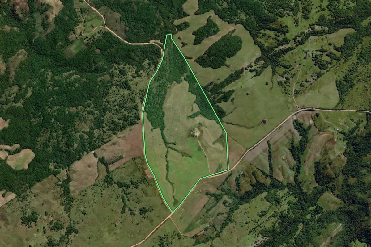 Imagem de satélite do imóvel rural em Pinheiro Machado (RS), com o contorno declarado no CAR desenhado por cima.