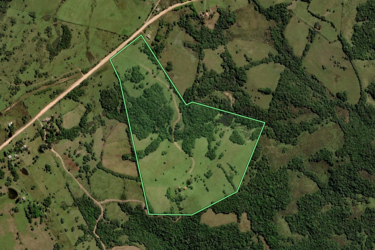 Imagem de satélite do imóvel rural em Pinheiro Machado (RS), com o contorno declarado no CAR desenhado por cima.