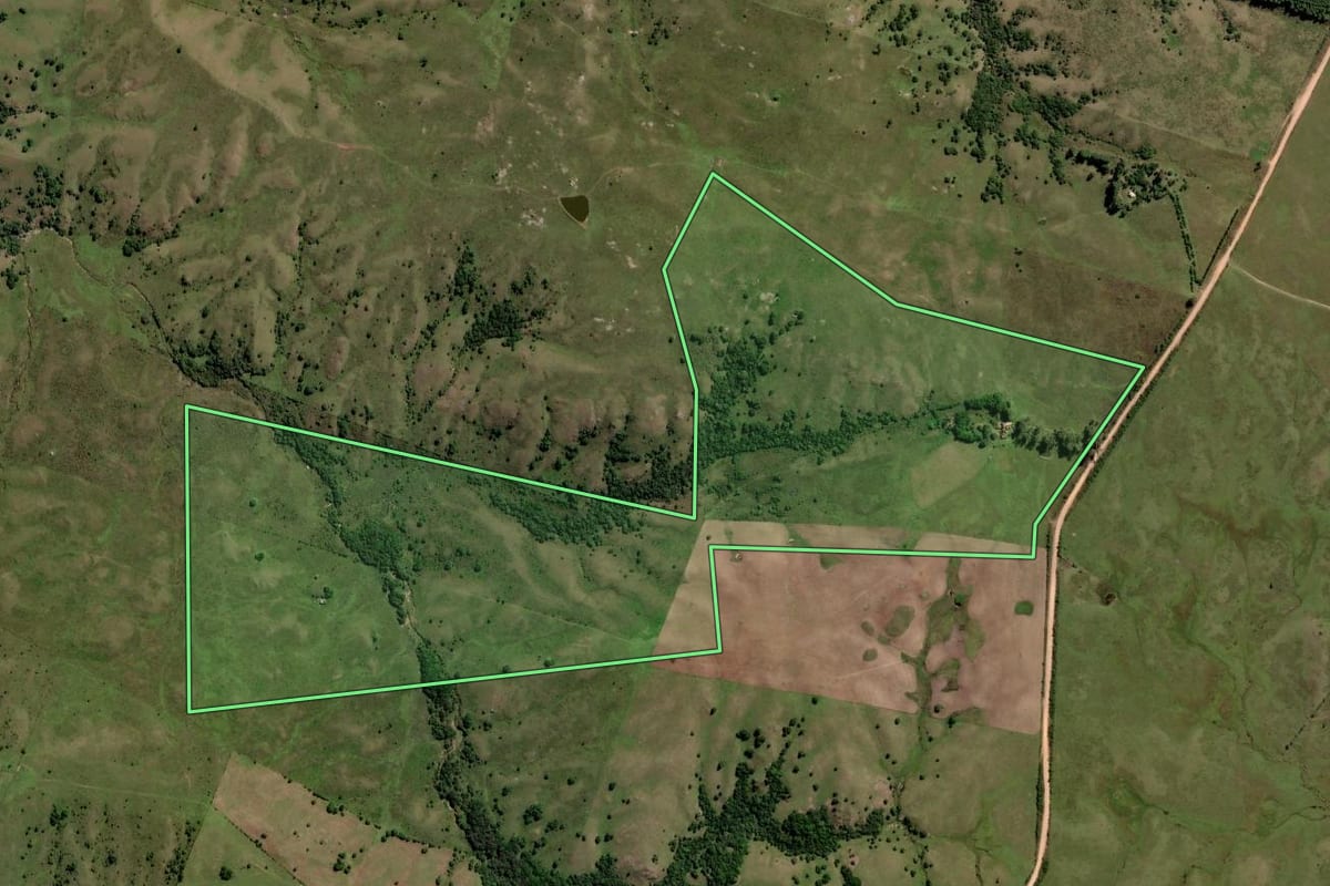Imagem de satélite do imóvel rural em Pinheiro Machado (RS), com o contorno declarado no CAR desenhado por cima.