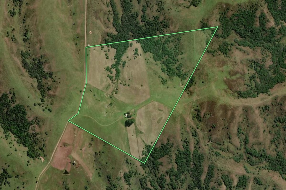Imagem de satélite do imóvel rural em Pinheiro Machado (RS), com o contorno declarado no CAR desenhado por cima.