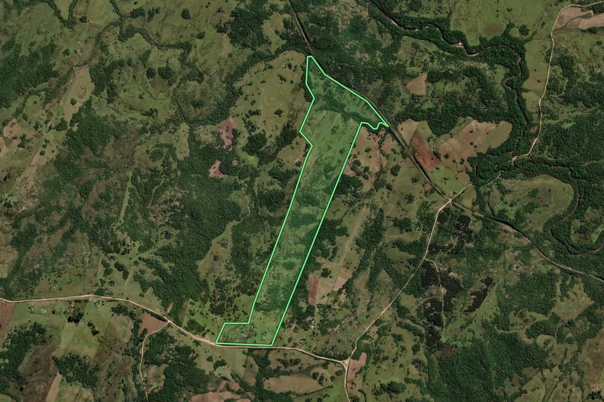 Imagem de satélite do imóvel rural em Pinheiro Machado (RS), com o contorno declarado no CAR desenhado por cima.