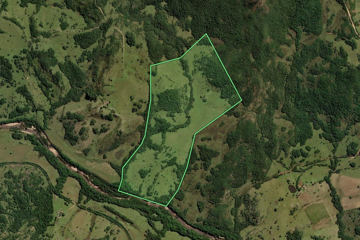 Imagem de satélite do imóvel rural em Pinheiro Machado (RS), com o contorno declarado no CAR desenhado por cima.