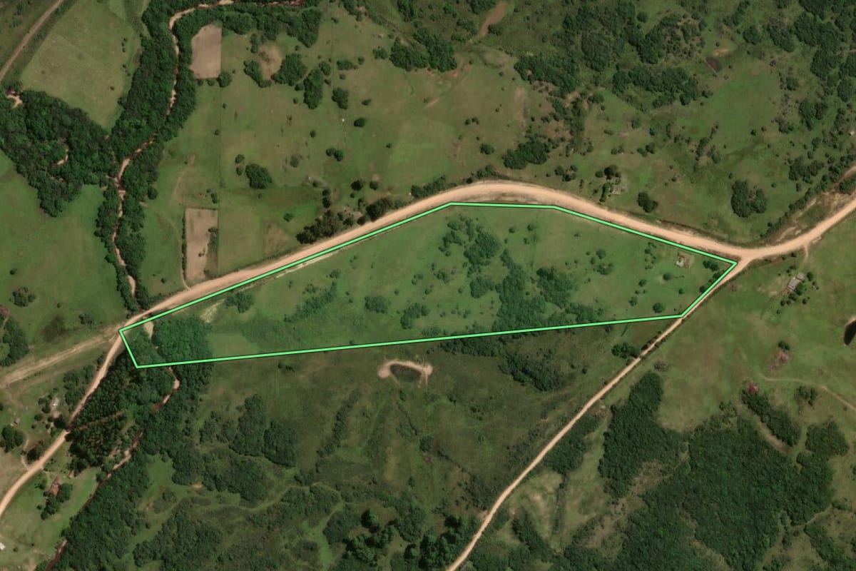 Imagem de satélite do imóvel rural em Pinheiro Machado (RS), com o contorno declarado no CAR desenhado por cima.