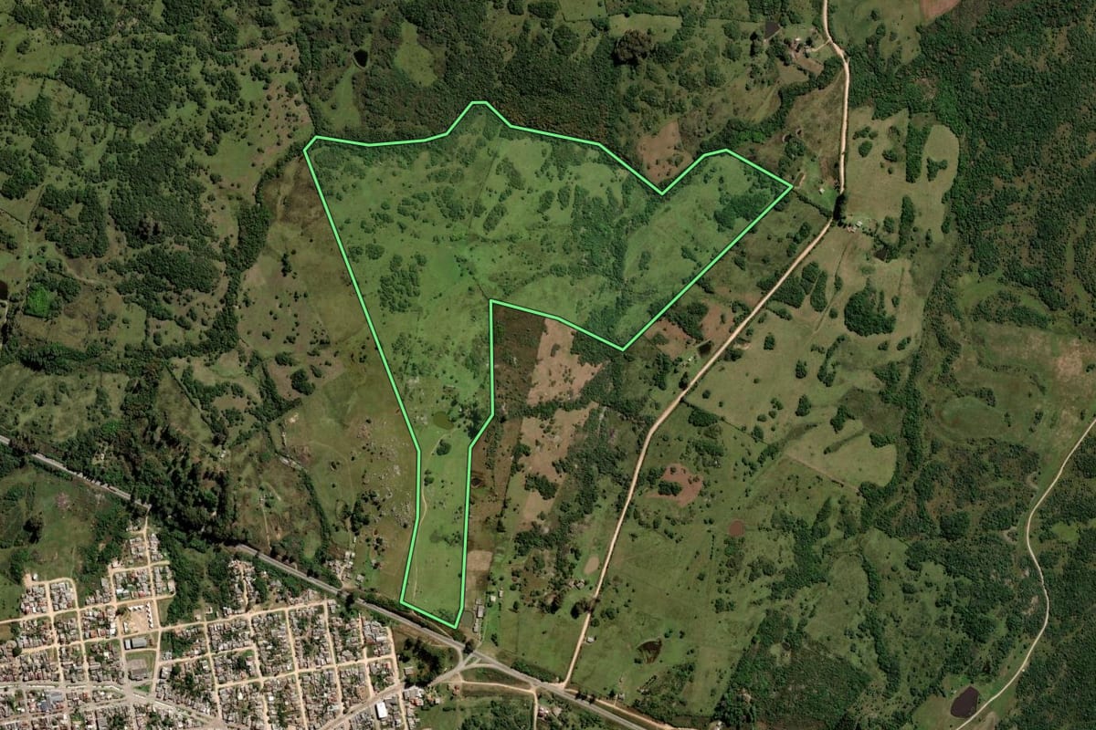 Imagem de satélite do imóvel rural em Pinheiro Machado (RS), com o contorno declarado no CAR desenhado por cima.