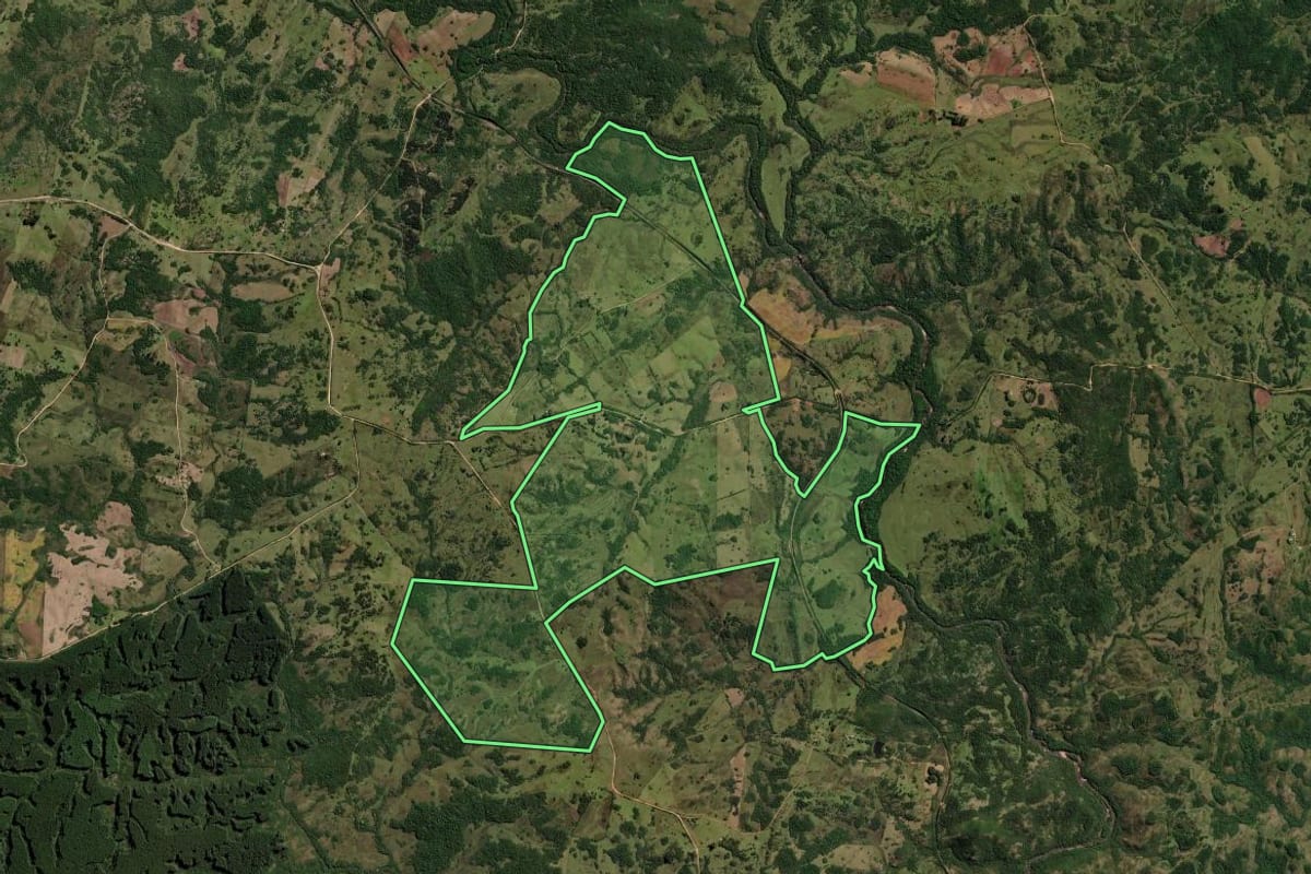 Imagem de satélite do imóvel rural em Pinheiro Machado (RS), com o contorno declarado no CAR desenhado por cima.