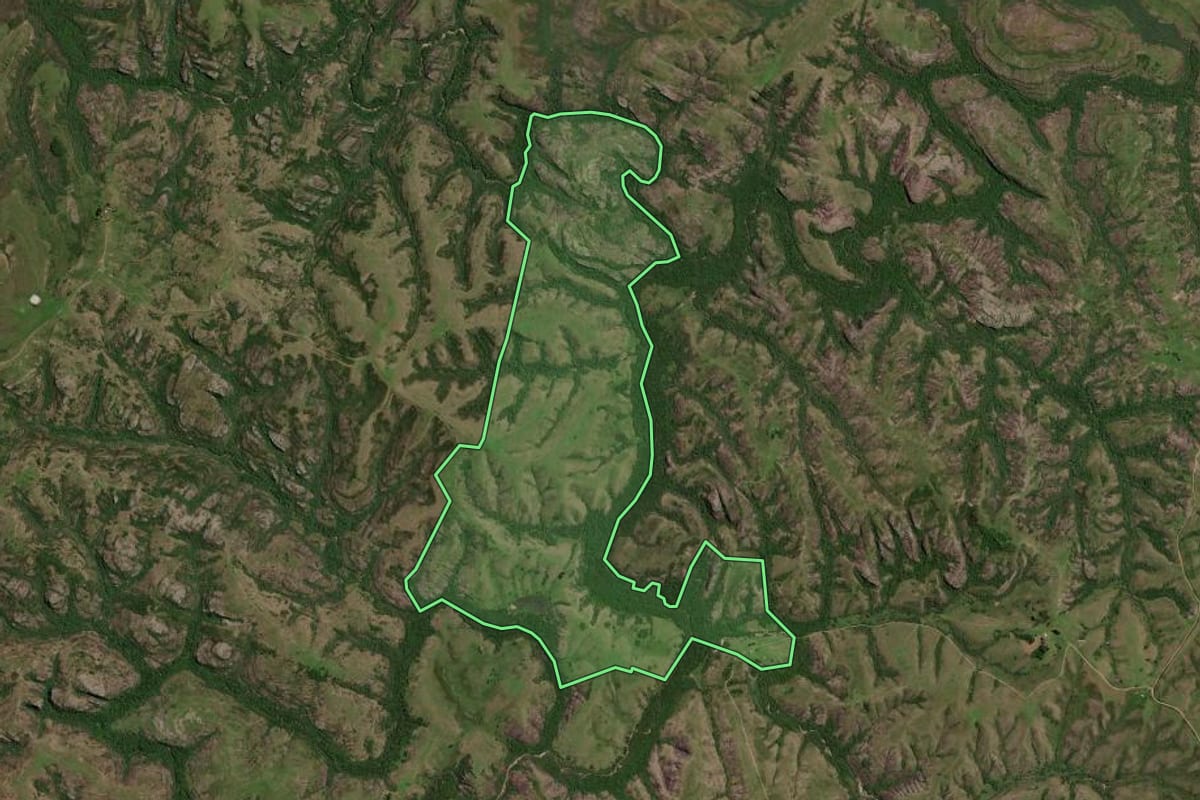 Imagem de satélite do imóvel rural em Pinheiro Machado (RS), com o contorno declarado no CAR desenhado por cima.