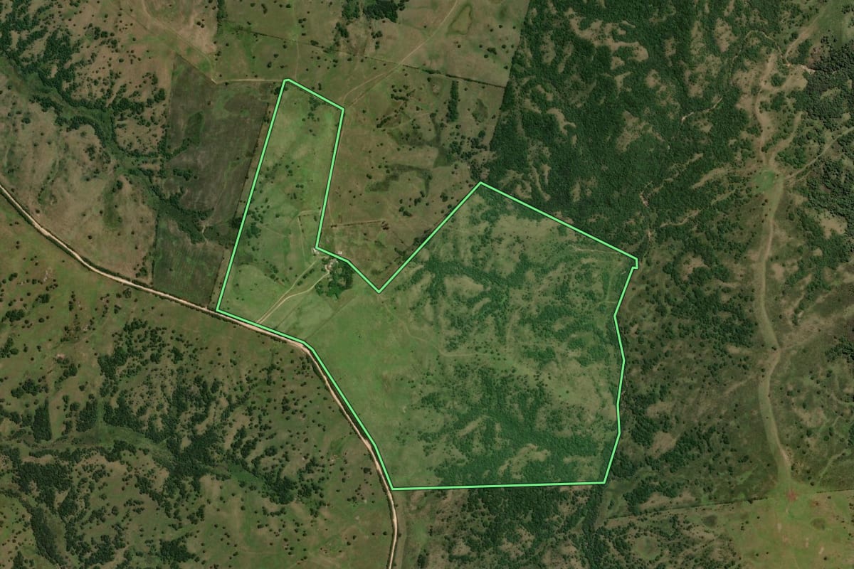 Imagem de satélite do imóvel rural em Pinheiro Machado (RS), com o contorno declarado no CAR desenhado por cima.