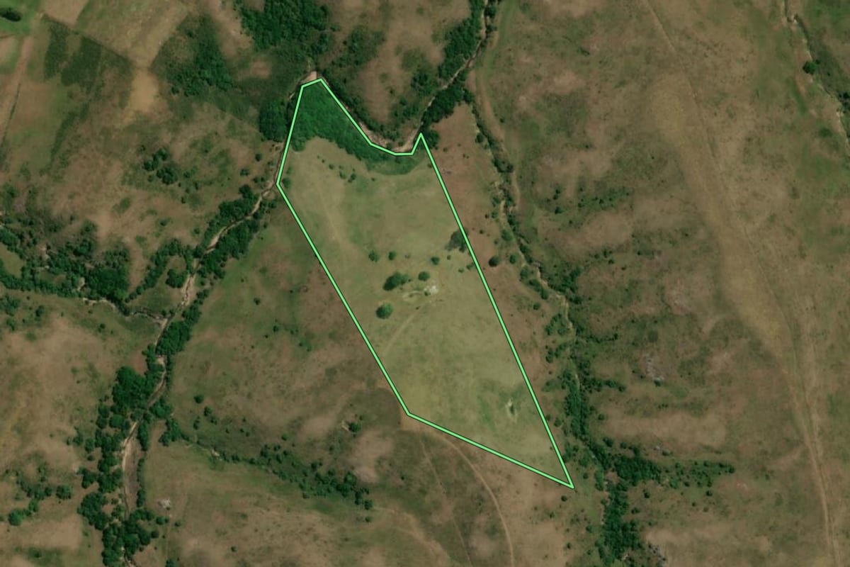 Imagem de satélite do imóvel rural em Pinheiro Machado (RS), com o contorno declarado no CAR desenhado por cima.