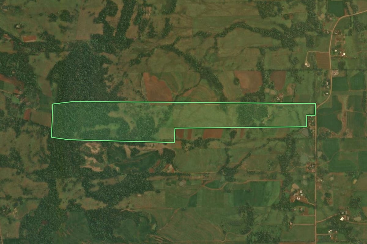Imagem de satélite do imóvel rural em Pirapó (RS), com o contorno declarado no CAR desenhado por cima.