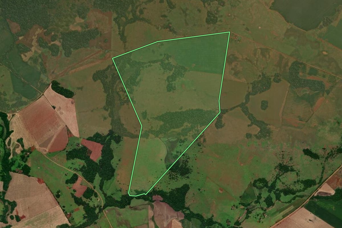 Imagem de satélite do imóvel rural em Pirapó (RS), com o contorno declarado no CAR desenhado por cima.