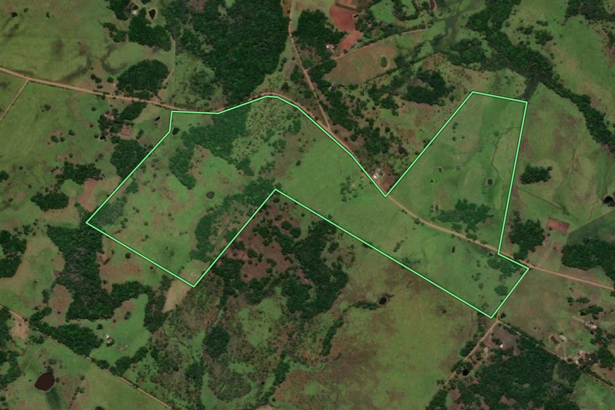 Imagem de satélite do imóvel rural em Pirapó (RS), com o contorno declarado no CAR desenhado por cima.