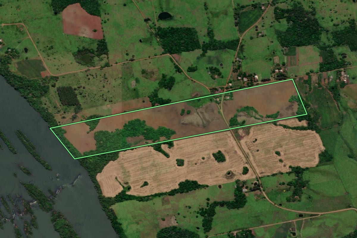 Imagem de satélite do imóvel rural em Pirapó (RS), com o contorno declarado no CAR desenhado por cima.
