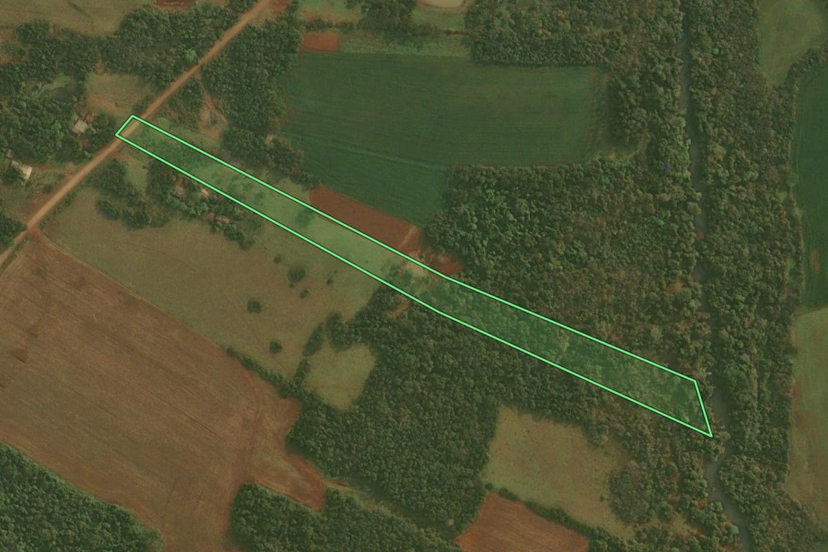 Imagem de satélite do imóvel rural em Pirapó (RS), com o contorno declarado no CAR desenhado por cima.