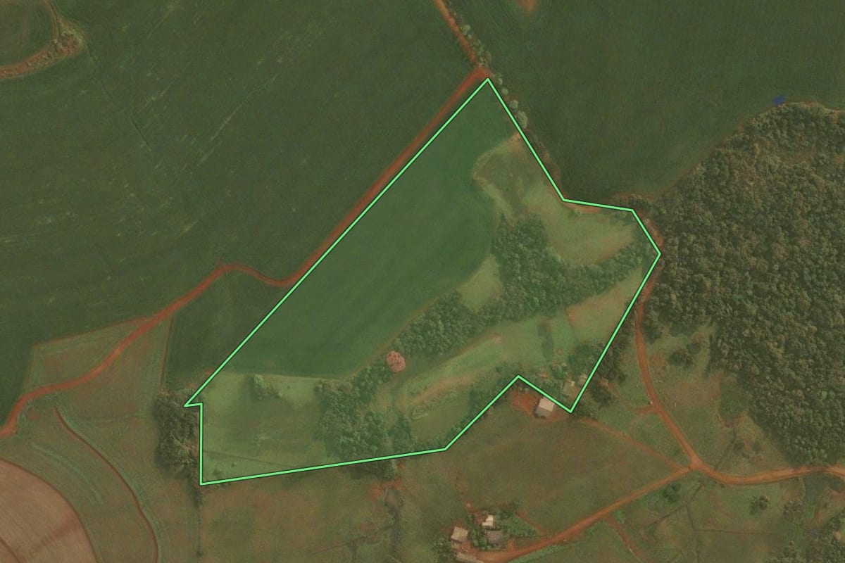 Imagem de satélite do imóvel rural em Pirapó (RS), com o contorno declarado no CAR desenhado por cima.
