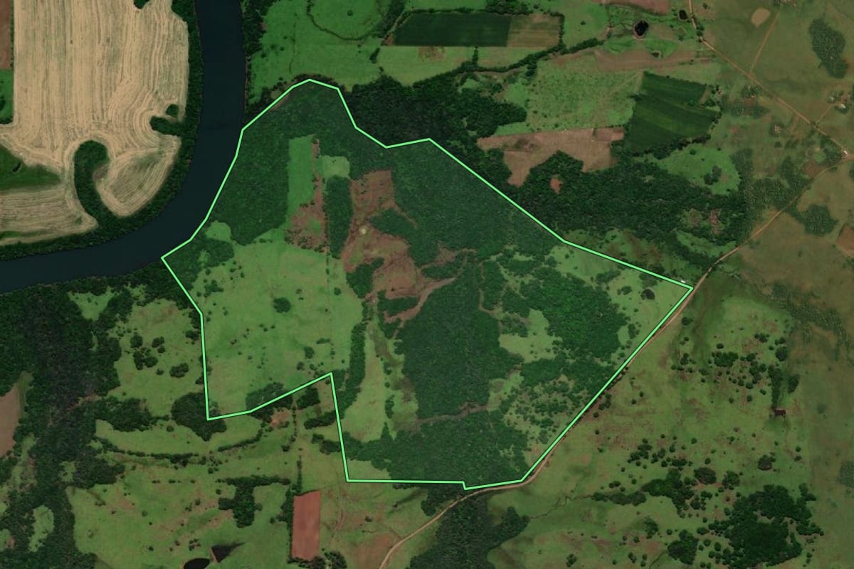 Imagem de satélite do imóvel rural em Pirapó (RS), com o contorno declarado no CAR desenhado por cima.