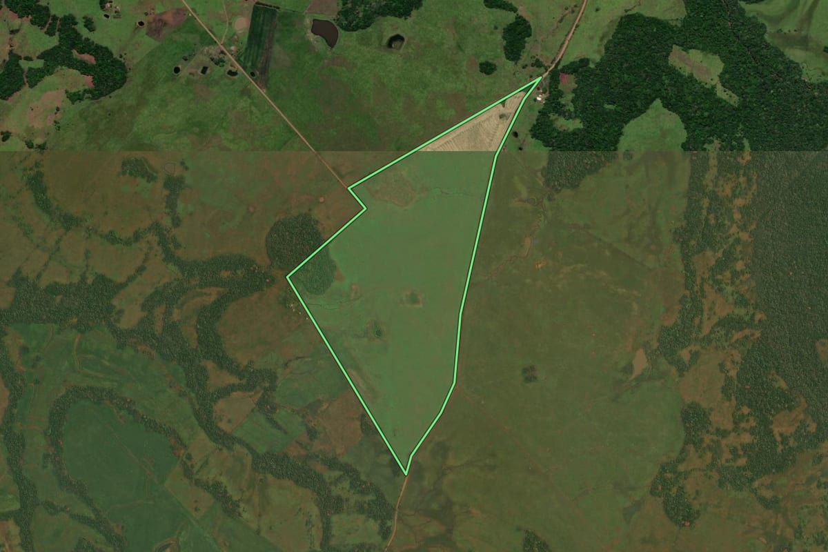 Imagem de satélite do imóvel rural em Pirapó (RS), com o contorno declarado no CAR desenhado por cima.