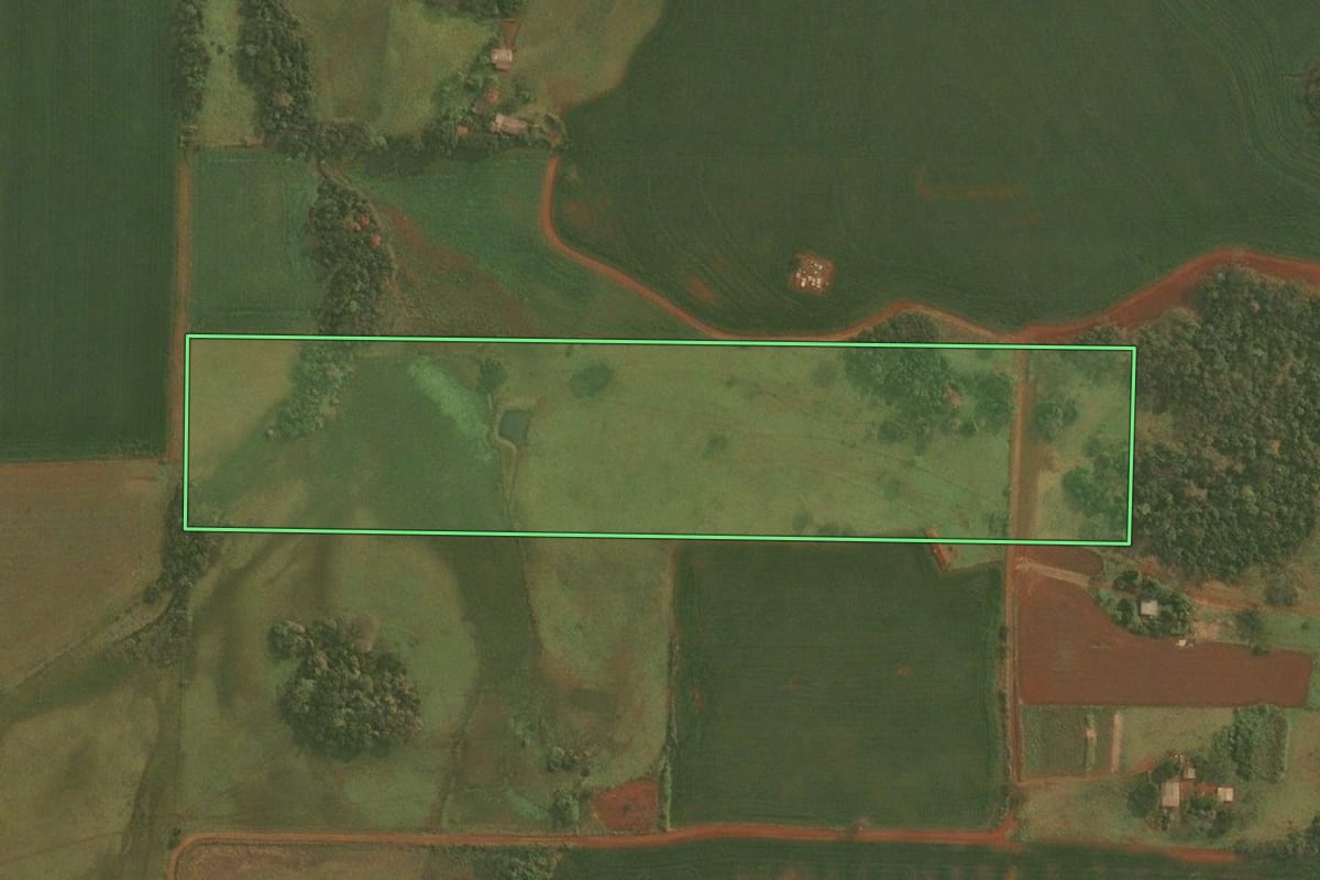 Imagem de satélite do imóvel rural em Pirapó (RS), com o contorno declarado no CAR desenhado por cima.
