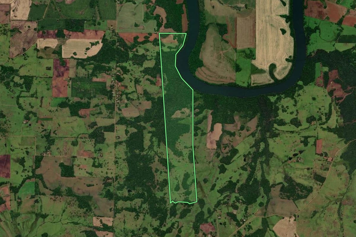 Imagem de satélite do imóvel rural em Pirapó (RS), com o contorno declarado no CAR desenhado por cima.