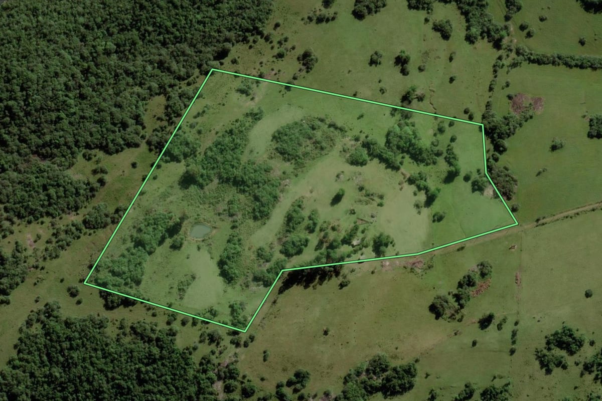 Imagem de satélite do imóvel rural em Piratini (RS), com o contorno declarado no CAR desenhado por cima.