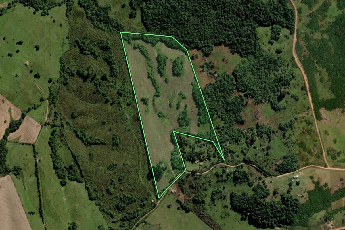 Imagem de satélite do imóvel rural em Piratini (RS), com o contorno declarado no CAR desenhado por cima.