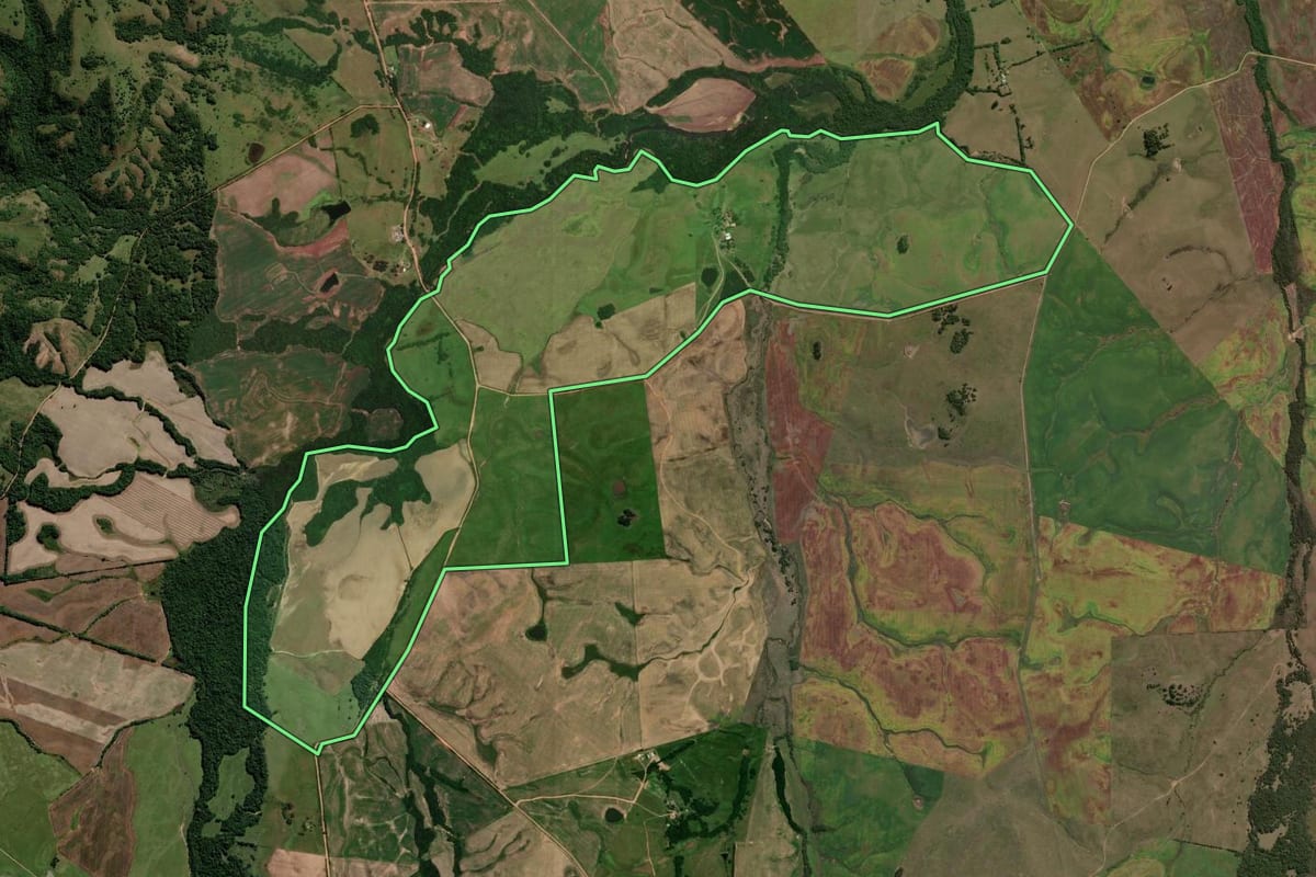 Imagem de satélite do imóvel rural em Piratini (RS), com o contorno declarado no CAR desenhado por cima.