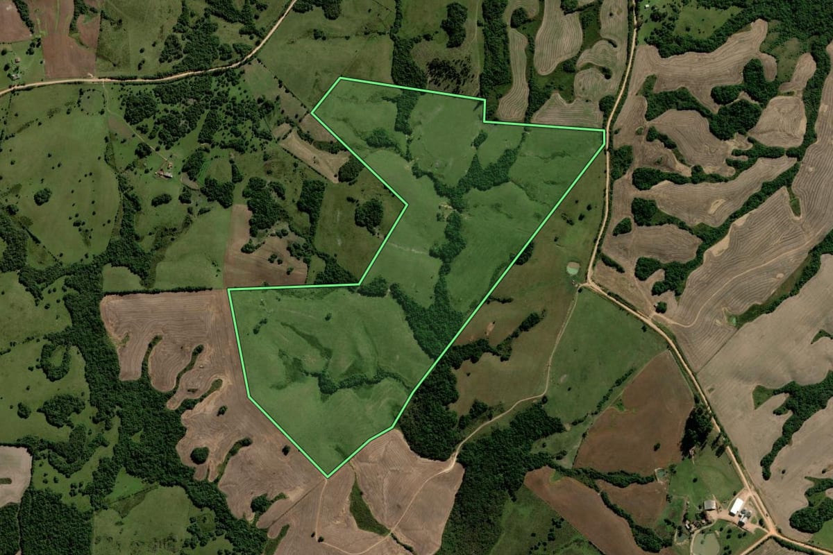 Imagem de satélite do imóvel rural em Piratini (RS), com o contorno declarado no CAR desenhado por cima.