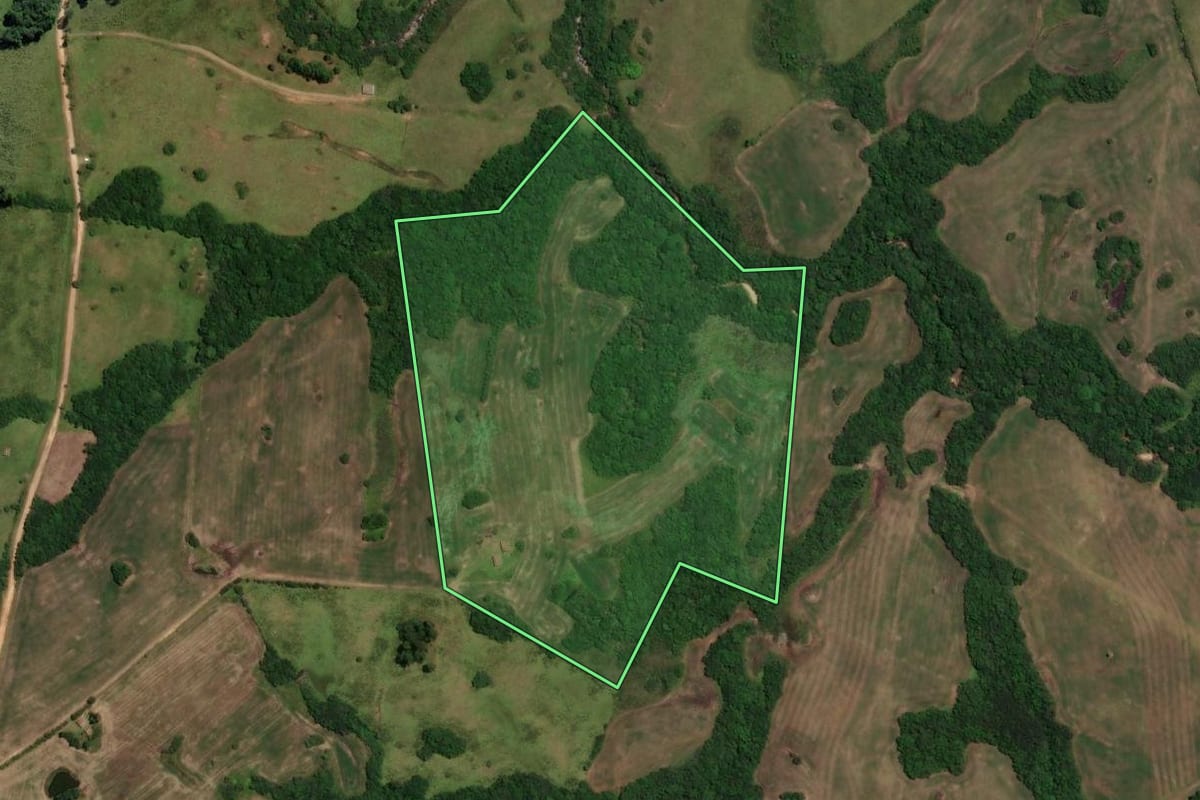 Imagem de satélite do imóvel rural em Piratini (RS), com o contorno declarado no CAR desenhado por cima.