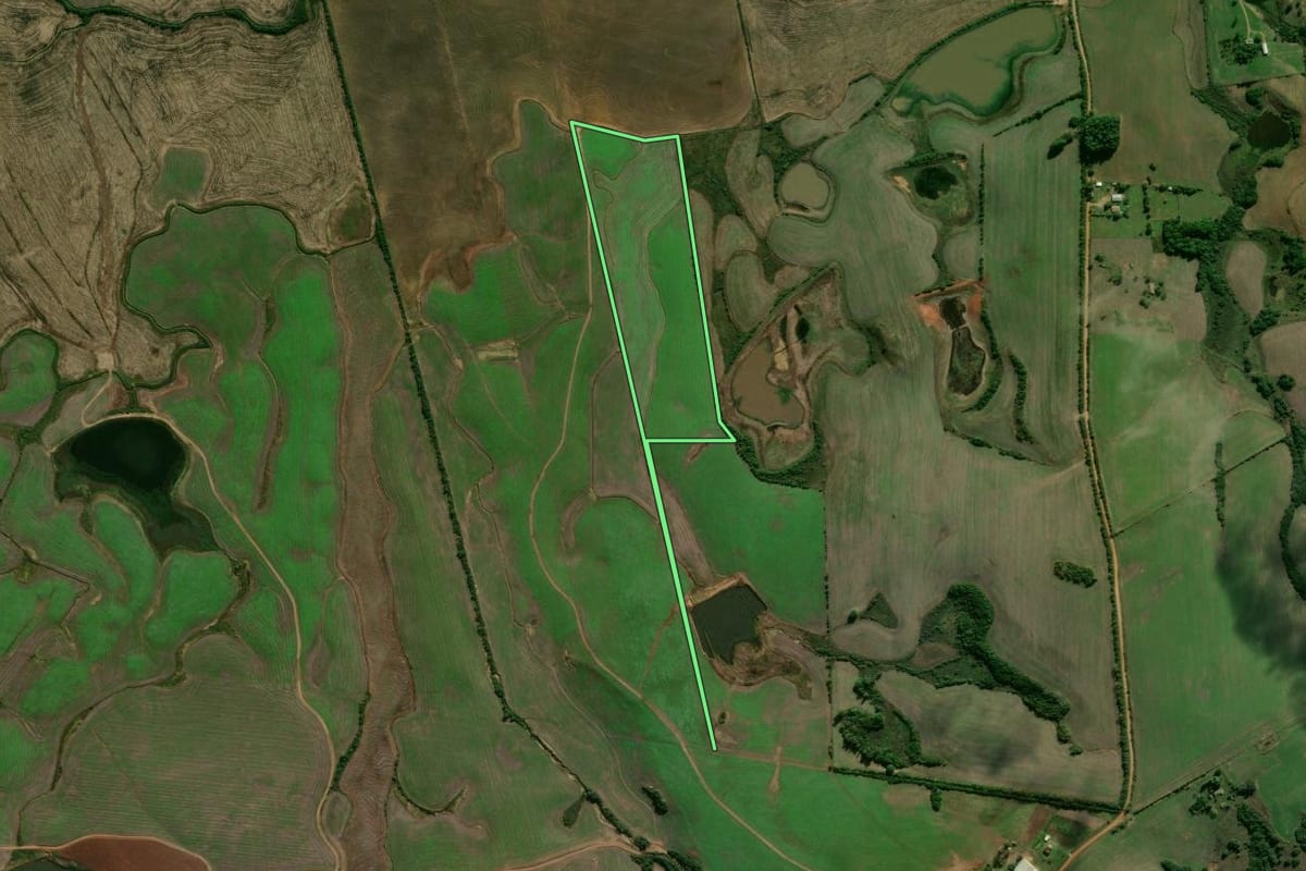 Imagem de satélite do imóvel rural em Piratini (RS), com o contorno declarado no CAR desenhado por cima.