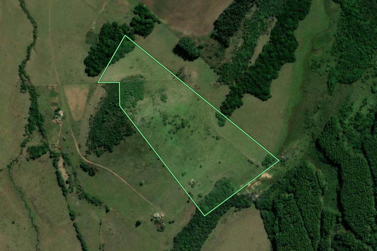 Imagem de satélite do imóvel rural em Piratini (RS), com o contorno declarado no CAR desenhado por cima.