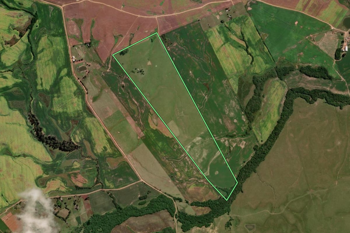Imagem de satélite do imóvel rural em Piratini (RS), com o contorno declarado no CAR desenhado por cima.