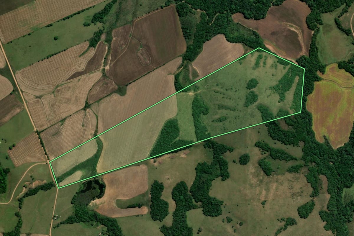 Imagem de satélite do imóvel rural em Piratini (RS), com o contorno declarado no CAR desenhado por cima.