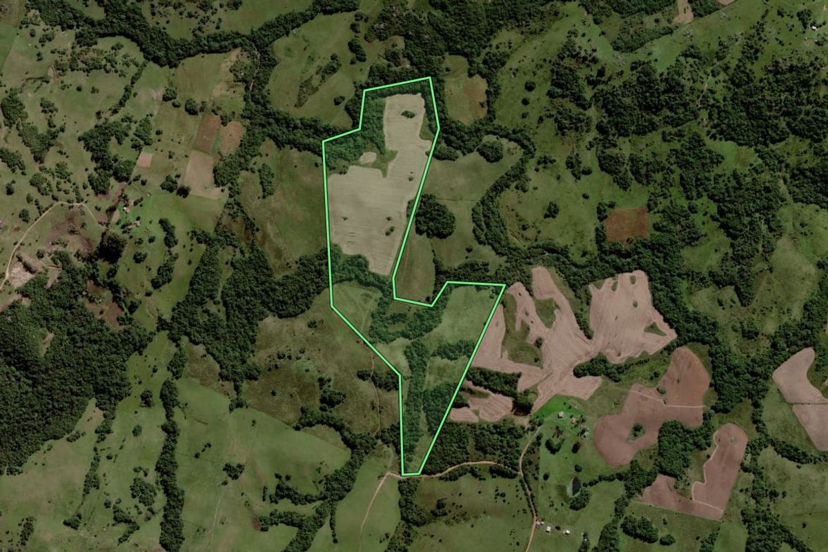 Imagem de satélite do imóvel rural em Piratini (RS), com o contorno declarado no CAR desenhado por cima.