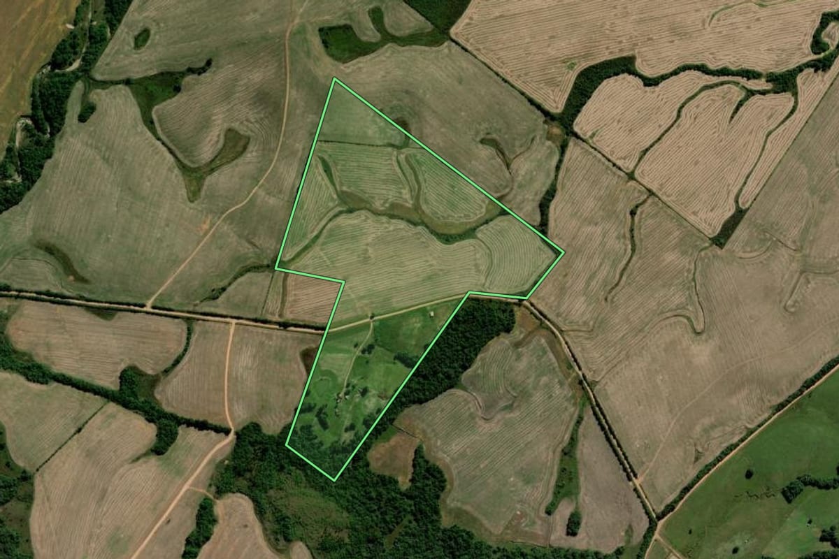 Imagem de satélite do imóvel rural em Piratini (RS), com o contorno declarado no CAR desenhado por cima.