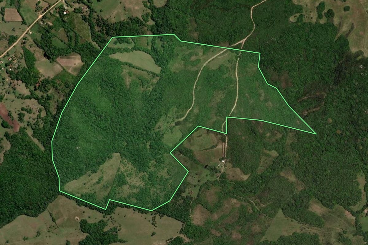 Imagem de satélite do imóvel rural em Piratini (RS), com o contorno declarado no CAR desenhado por cima.