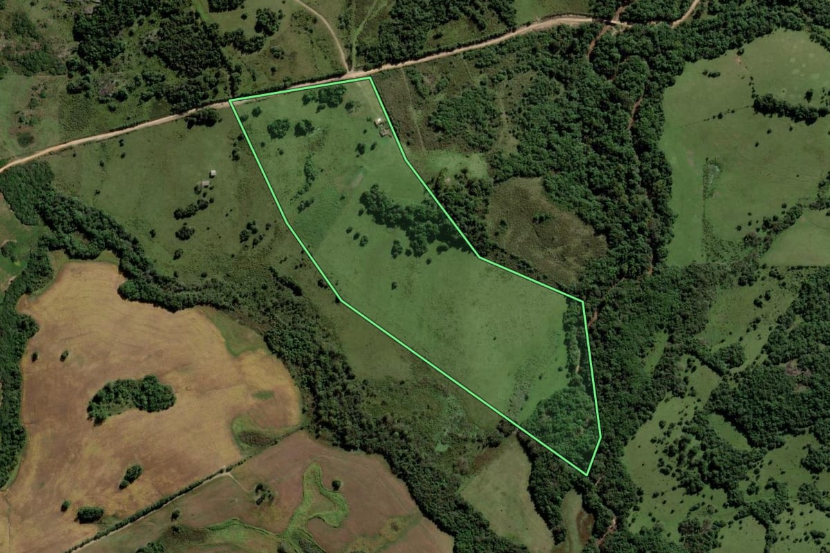 Imagem de satélite do imóvel rural em Piratini (RS), com o contorno declarado no CAR desenhado por cima.