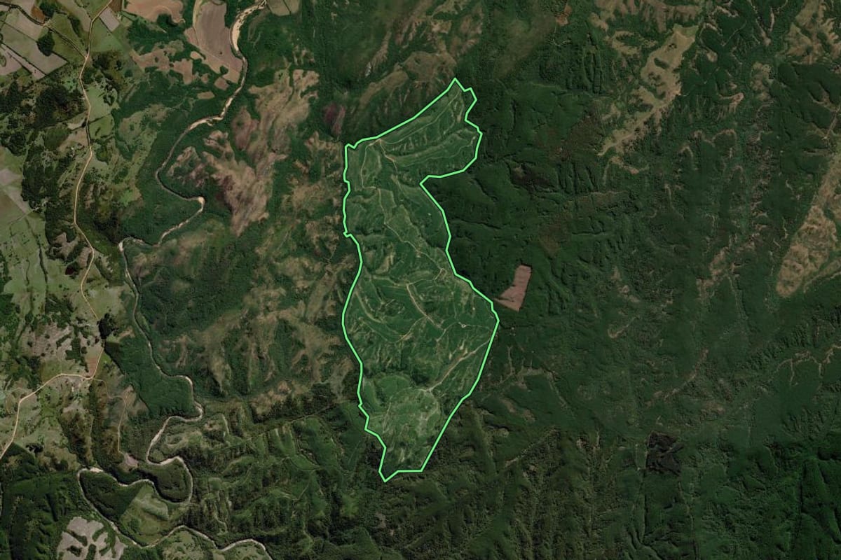 Imagem de satélite do imóvel rural em Piratini (RS), com o contorno declarado no CAR desenhado por cima.