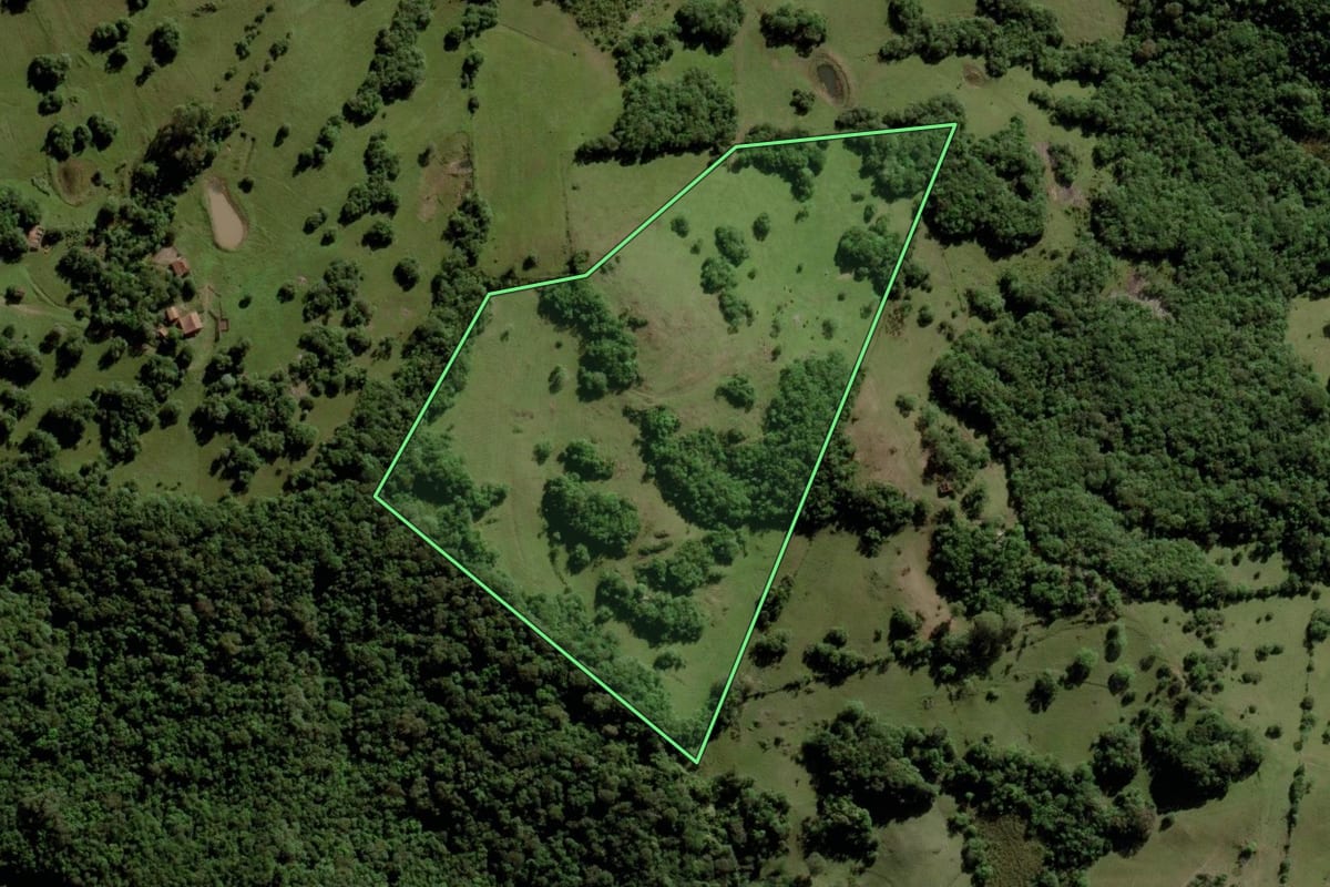 Imagem de satélite do imóvel rural em Piratini (RS), com o contorno declarado no CAR desenhado por cima.