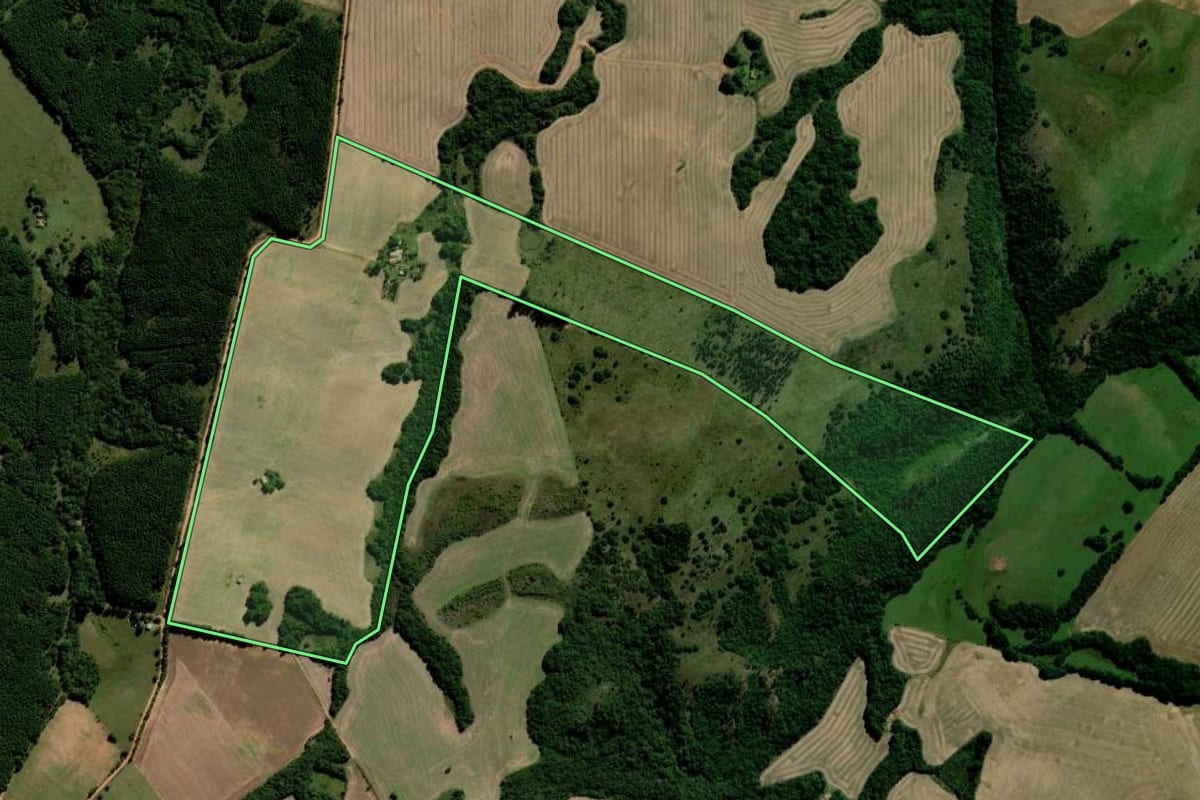 Imagem de satélite do imóvel rural em Piratini (RS), com o contorno declarado no CAR desenhado por cima.