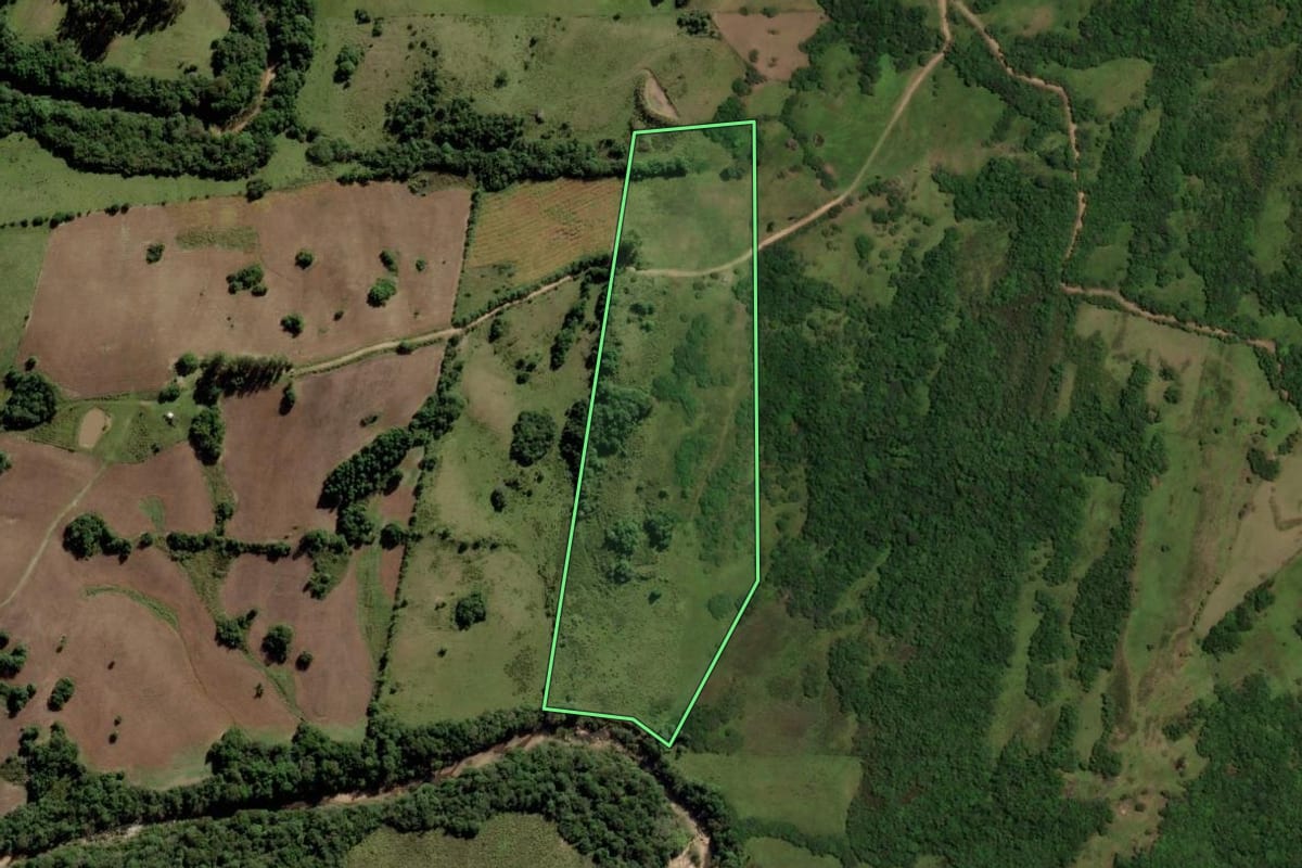 Imagem de satélite do imóvel rural em Piratini (RS), com o contorno declarado no CAR desenhado por cima.