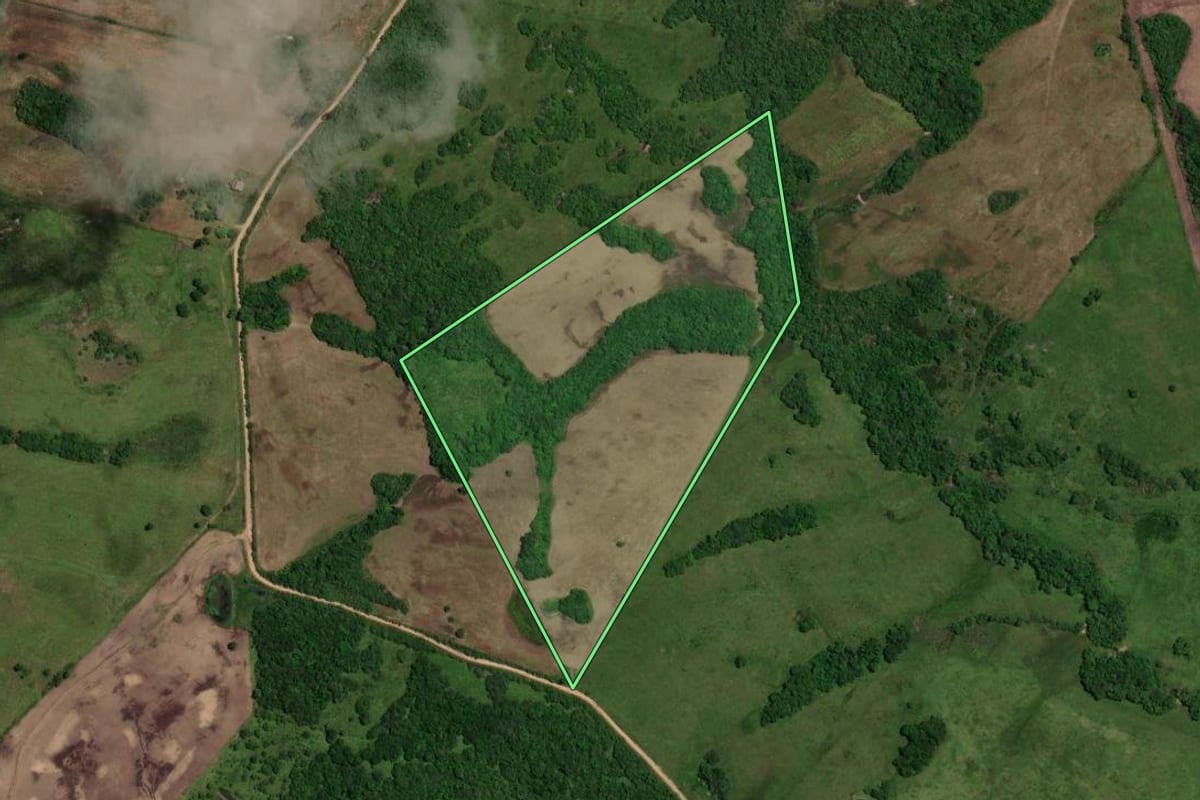 Imagem de satélite do imóvel rural em Piratini (RS), com o contorno declarado no CAR desenhado por cima.