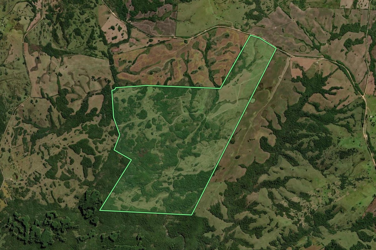 Imagem de satélite do imóvel rural em Piratini (RS), com o contorno declarado no CAR desenhado por cima.