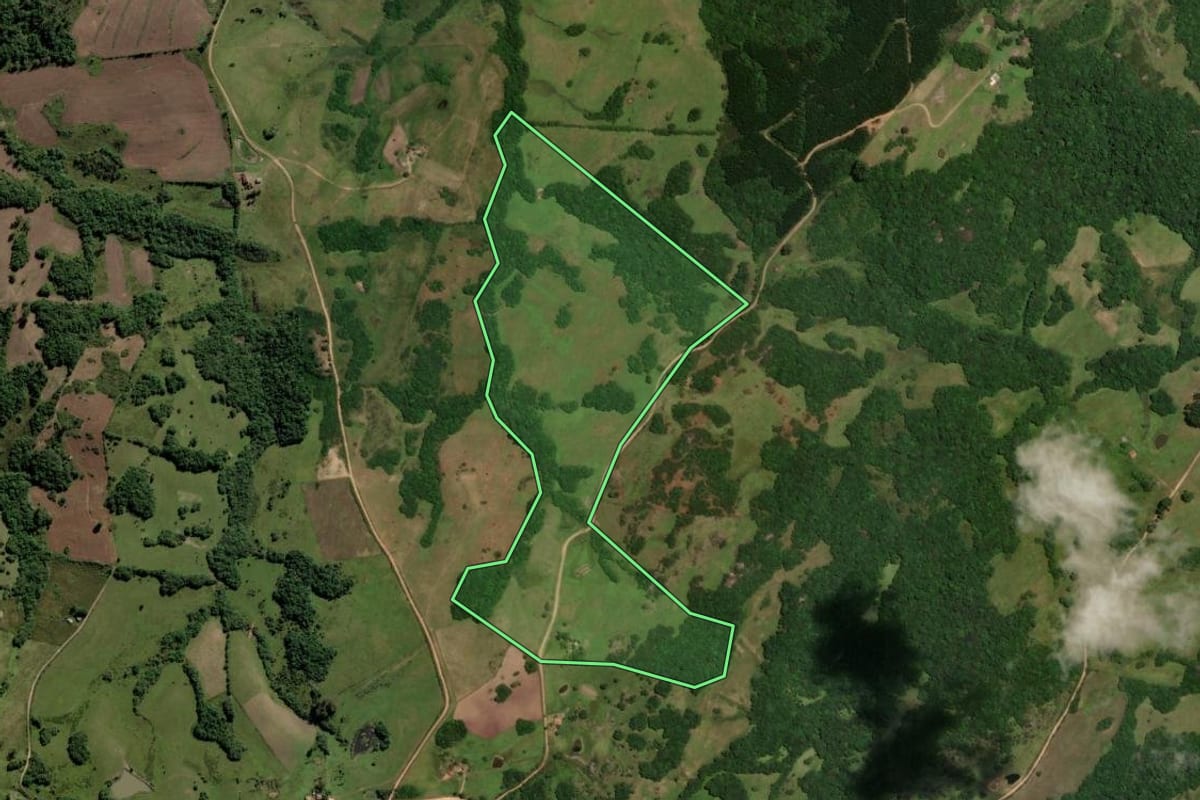 Imagem de satélite do imóvel rural em Piratini (RS), com o contorno declarado no CAR desenhado por cima.