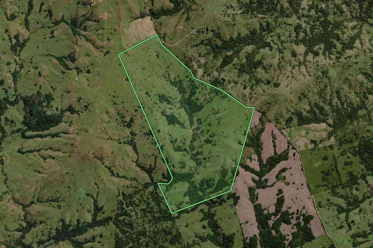 Imagem de satélite do imóvel rural em Piratini (RS), com o contorno declarado no CAR desenhado por cima.