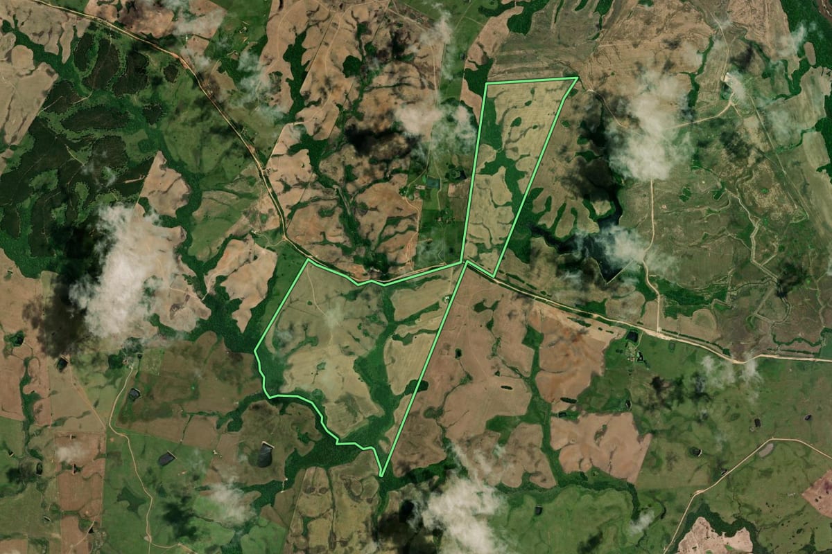 Imagem de satélite do imóvel rural em Piratini (RS), com o contorno declarado no CAR desenhado por cima.
