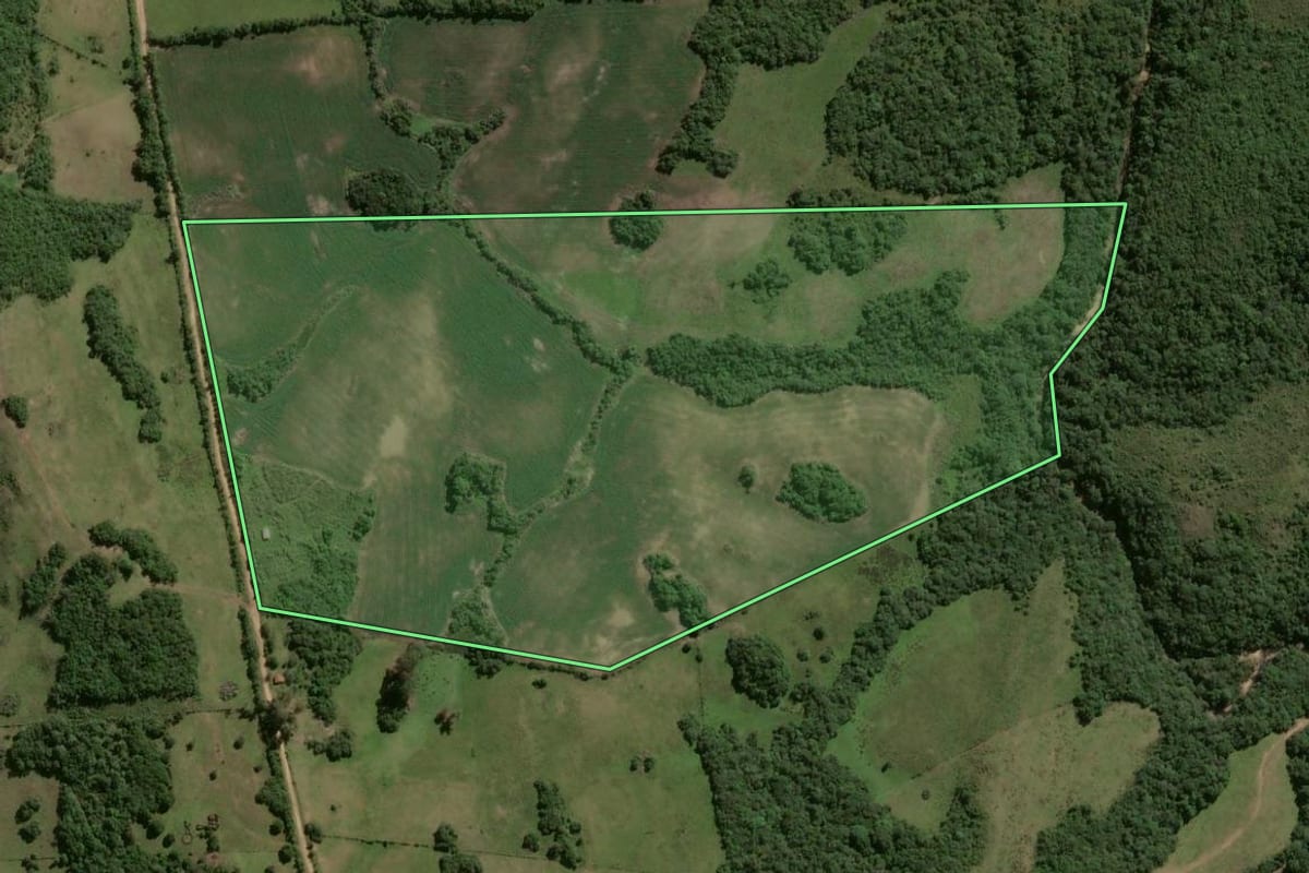 Imagem de satélite do imóvel rural em Piratini (RS), com o contorno declarado no CAR desenhado por cima.