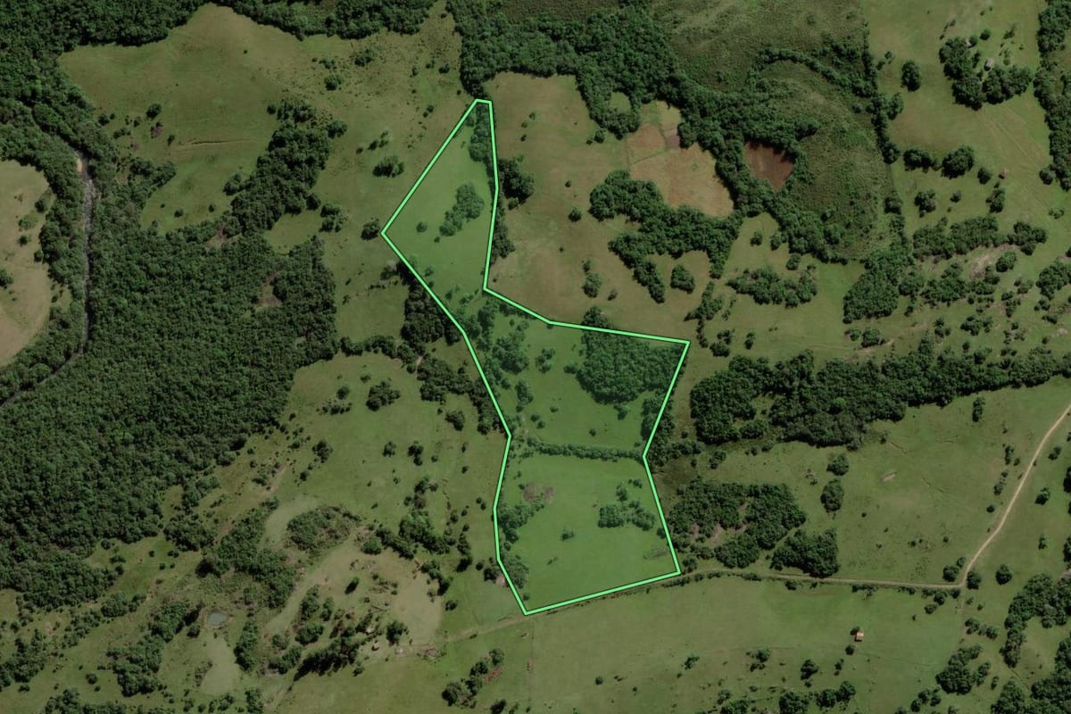 Imagem de satélite do imóvel rural em Piratini (RS), com o contorno declarado no CAR desenhado por cima.