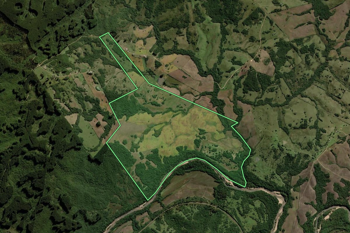 Imagem de satélite do imóvel rural em Piratini (RS), com o contorno declarado no CAR desenhado por cima.