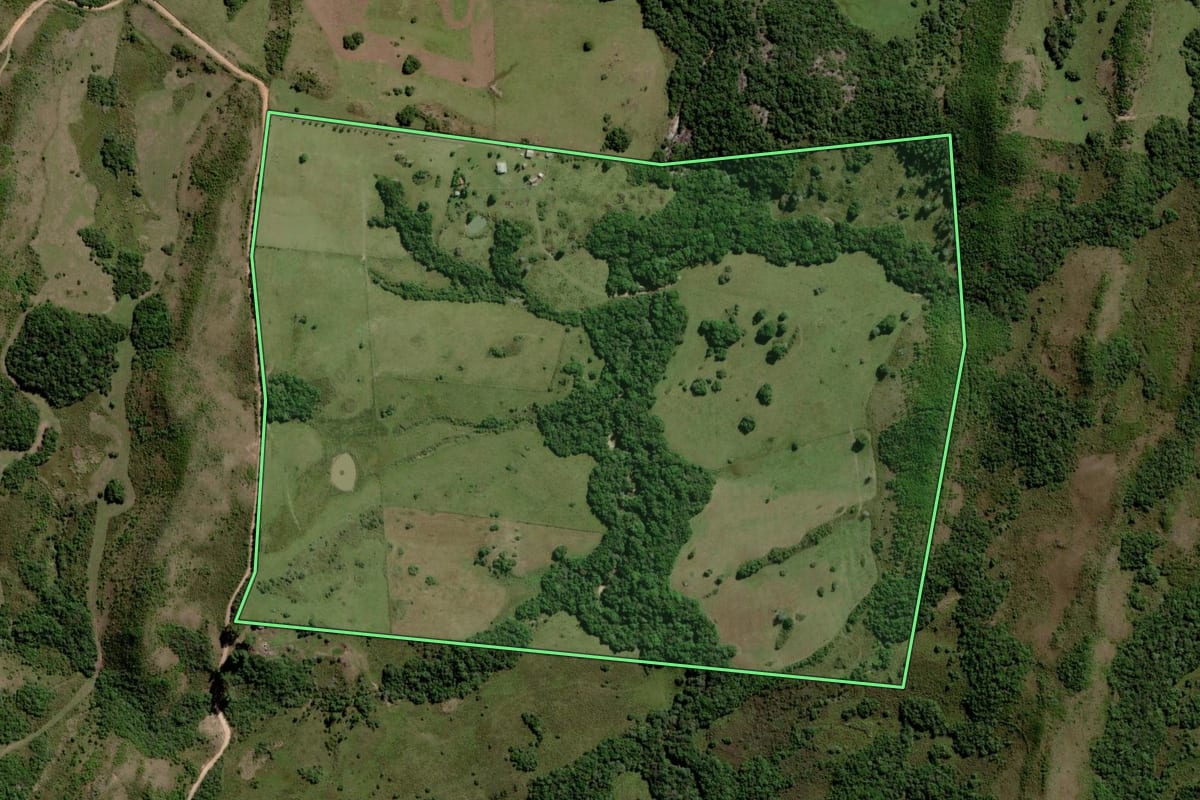 Imagem de satélite do imóvel rural em Piratini (RS), com o contorno declarado no CAR desenhado por cima.