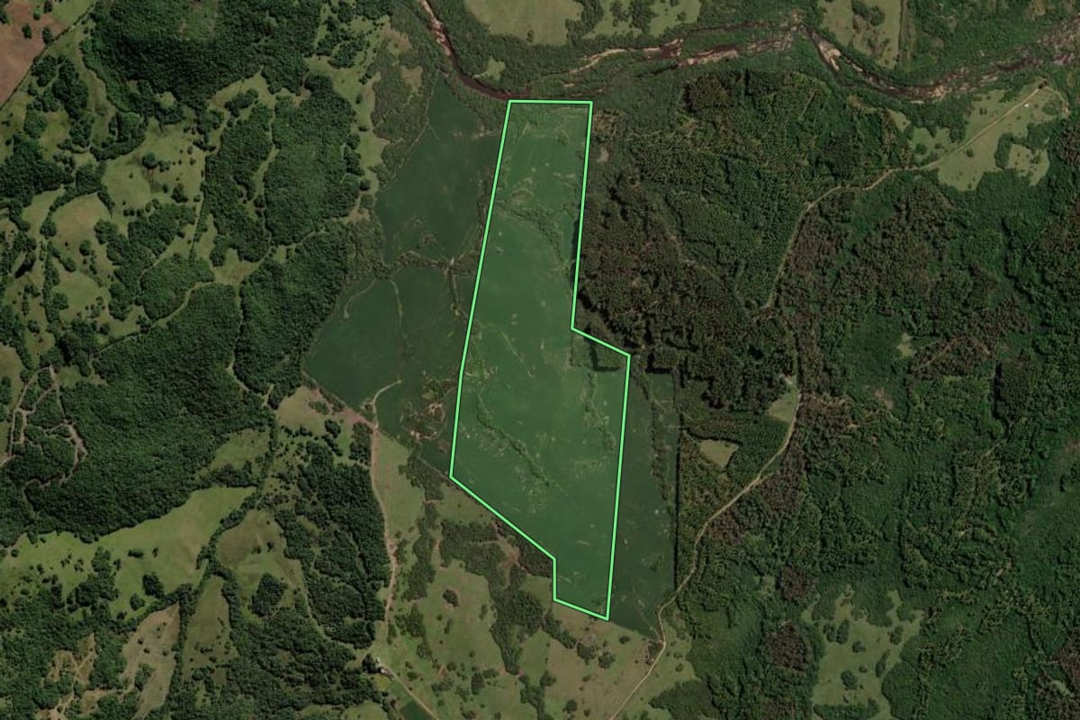 Imagem de satélite do imóvel rural em Piratini (RS), com o contorno declarado no CAR desenhado por cima.