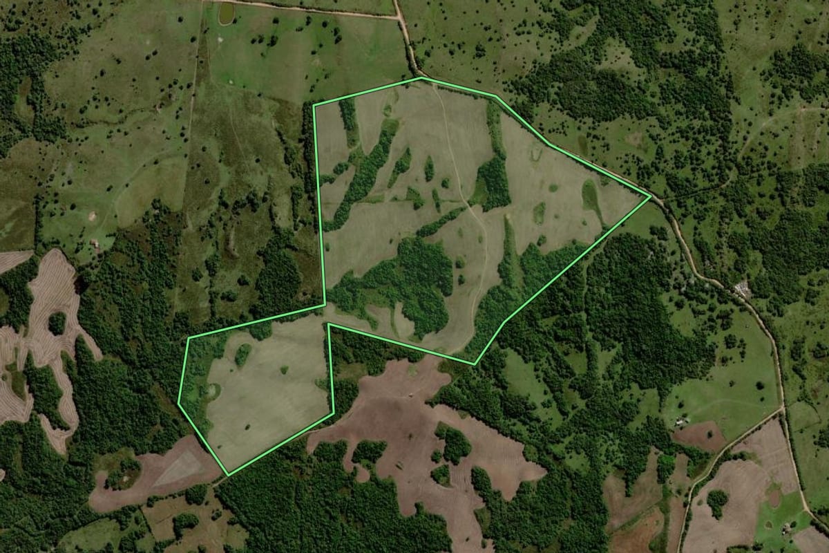 Imagem de satélite do imóvel rural em Piratini (RS), com o contorno declarado no CAR desenhado por cima.